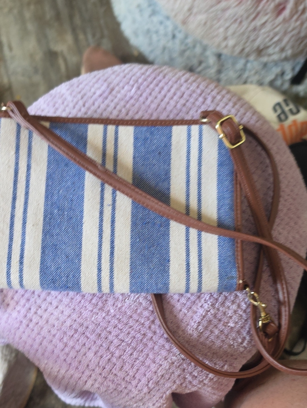 Striped Canvas Crossbody Bag with Brown Trim